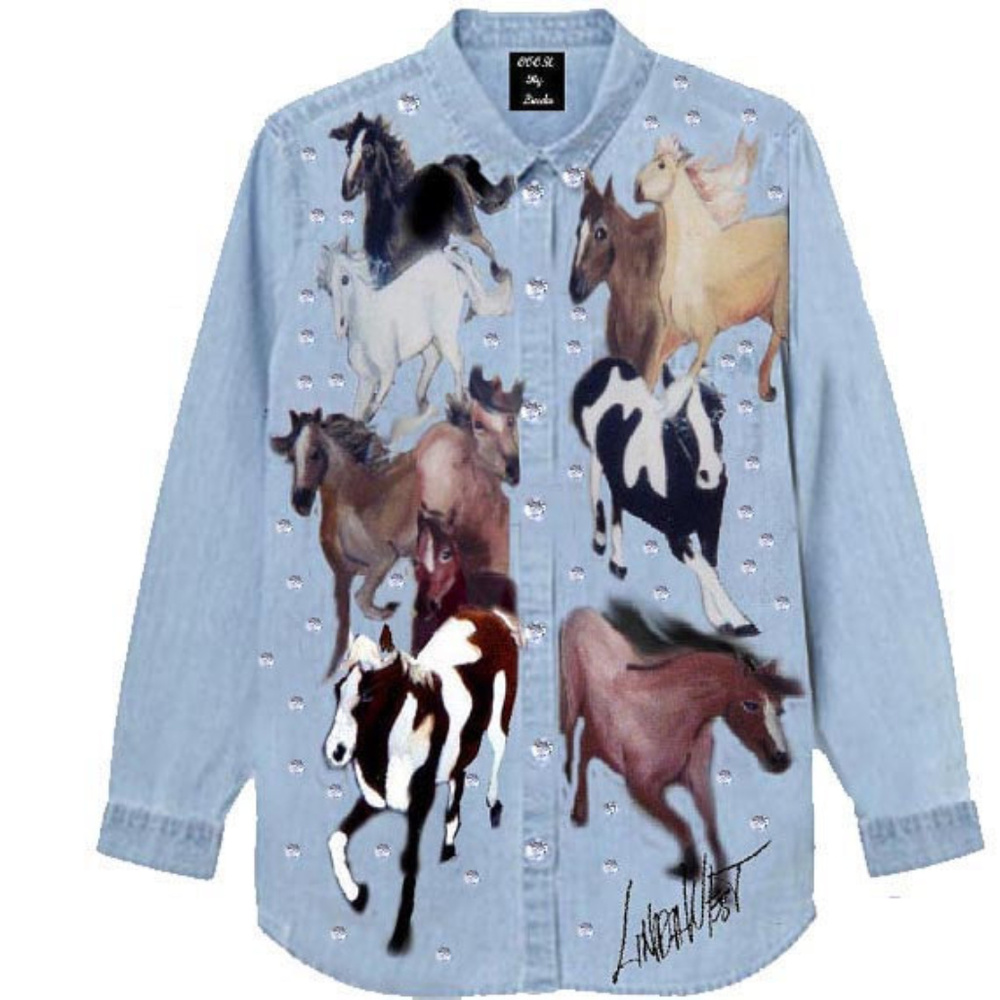 Hand Painted Horses Shirt Chambray Blue